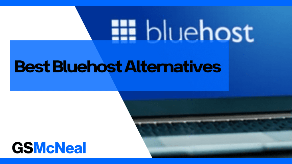 a logo with nine individual boxes forming one single box and the word bluehost showing on a blue computer screen on a computer wiht Best Bluehost Alternatives caption overlaid